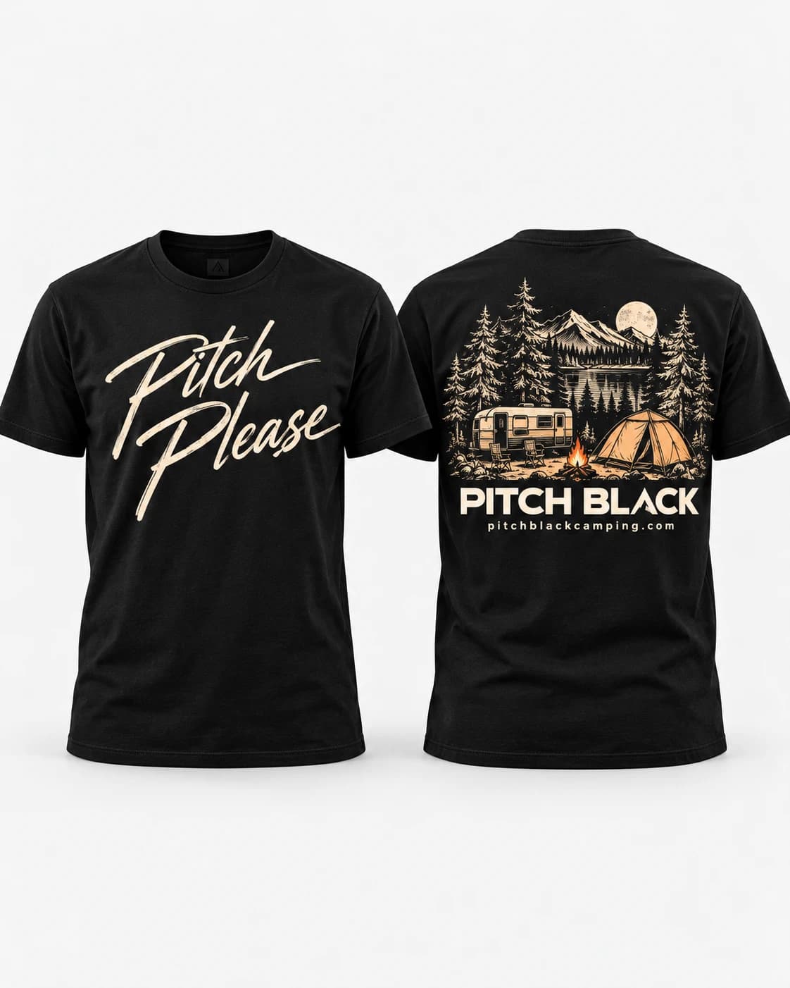 Front and back views of the black Pitch Please Camp Tee