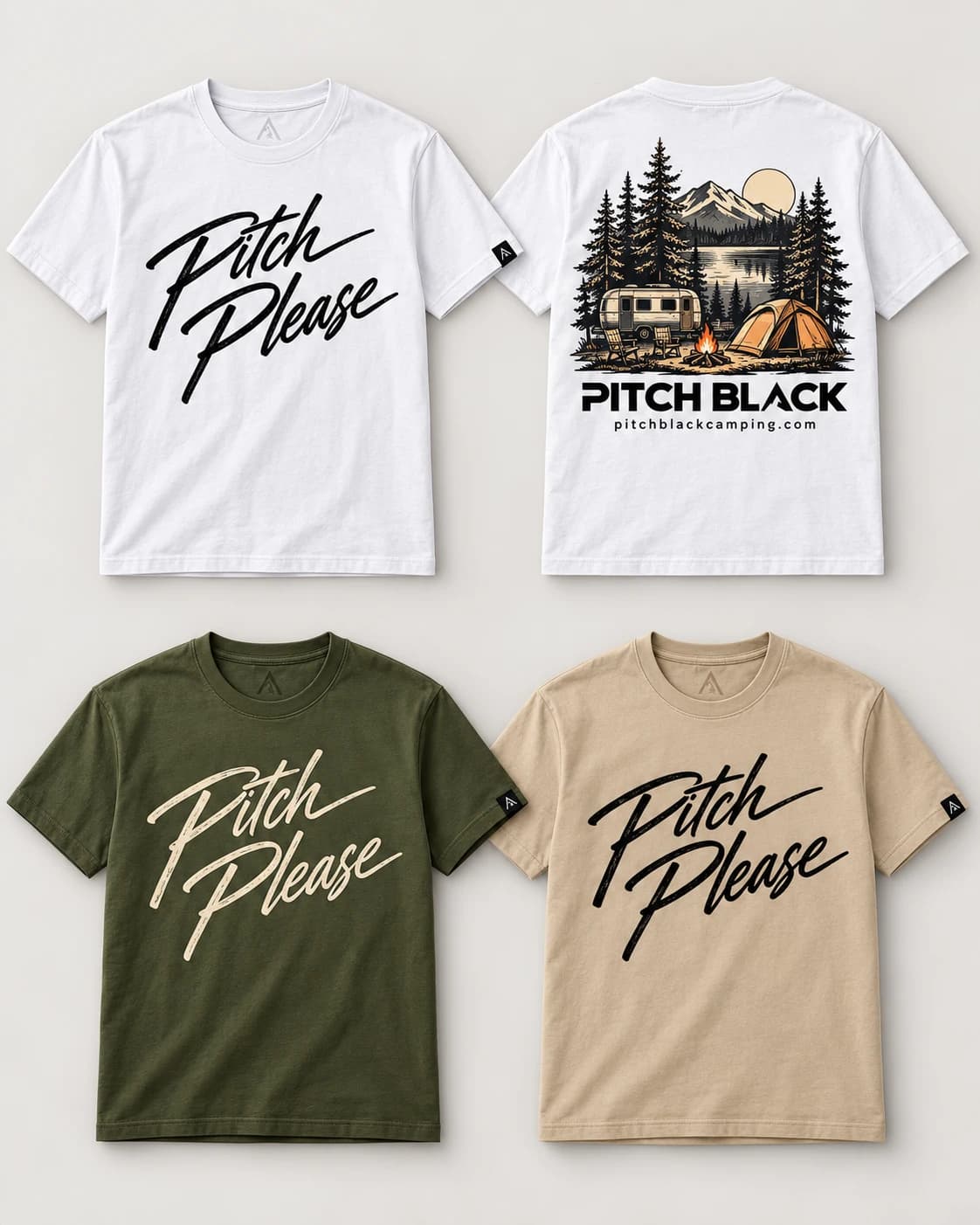 Pitch Please Camp Tee in white, olive, and sand colorways