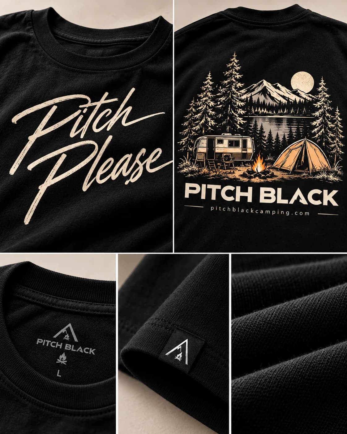 Close-up views of the Pitch Please print, camping illustration, collar, sleeve tag, and fabric
