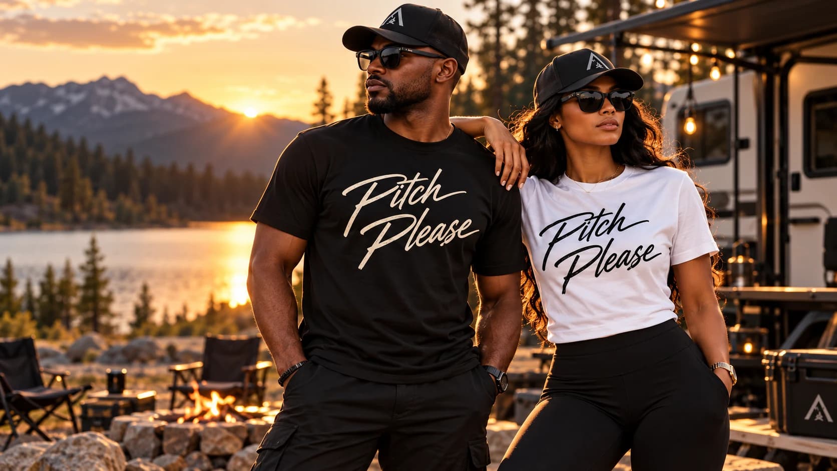 Two campers wearing black and white Pitch Please tees beside an RV and campfire at sunset