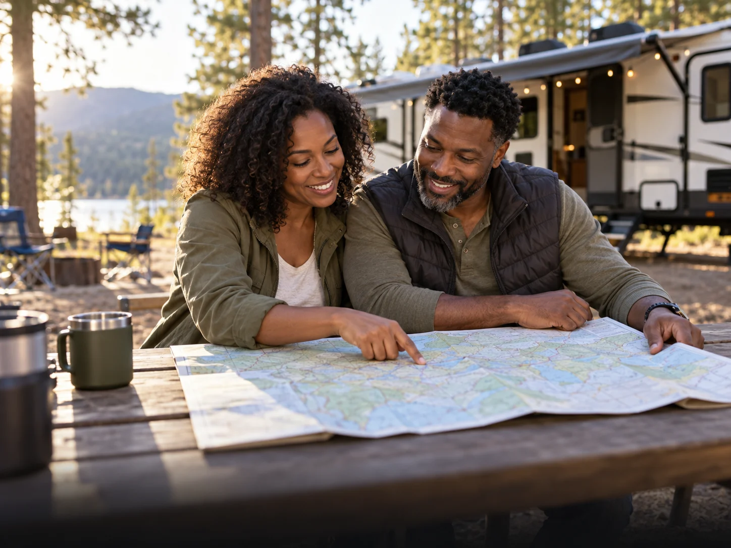 Couple planning a camping trip with a map